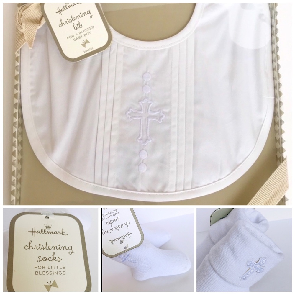 HALLMARK CHRISTENING SET BABY BIB & SOCKS WHITE CRO…